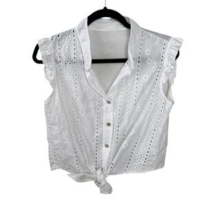 White Cotton Eyelet Sleeveless Cropped Button-Up Blouse S